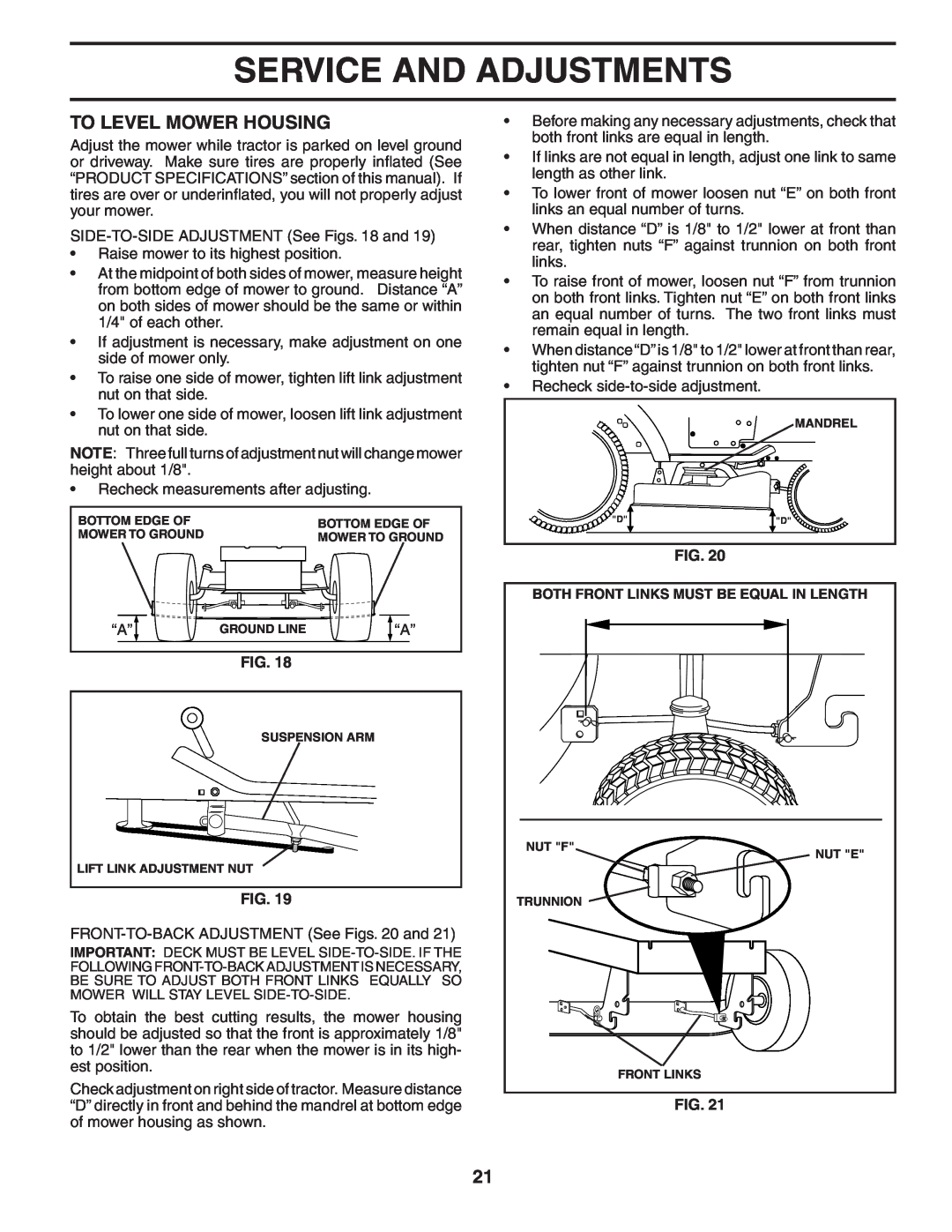 Poulan PD22H42STA owner manual To Level Mower Housing, Service And Adjustments, Both Front Links Must Be Equal In Length 