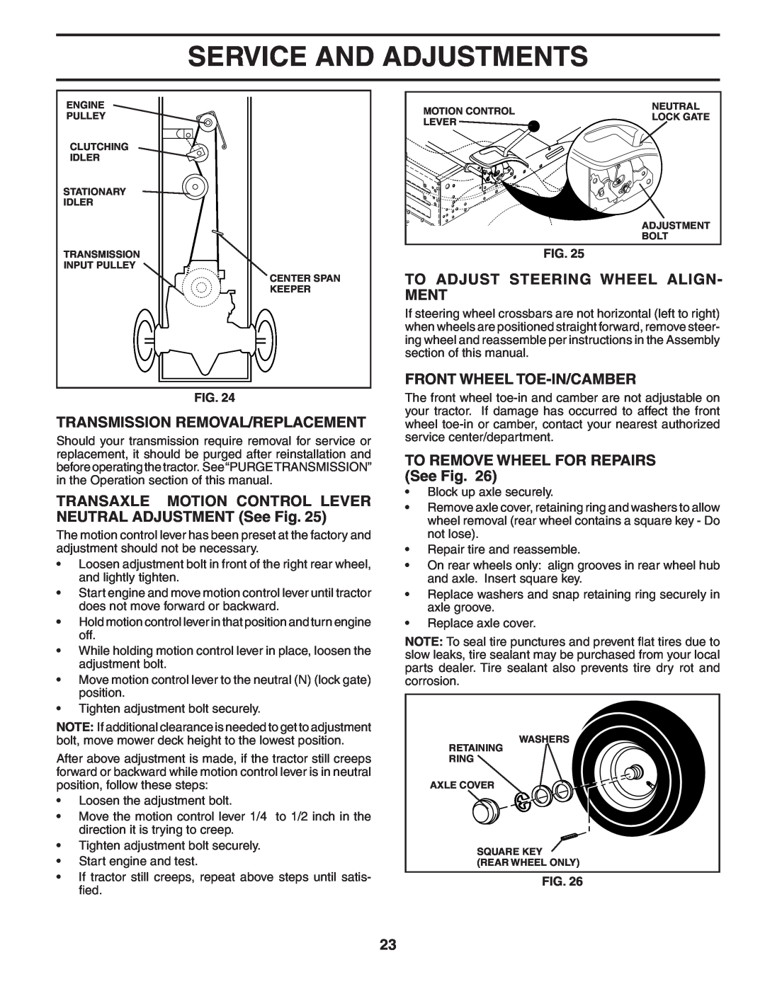 Poulan PD22H42STA owner manual Transmission Removal/Replacement, TRANSAXLE MOTION CONTROL LEVER NEUTRAL ADJUSTMENT See Fig 