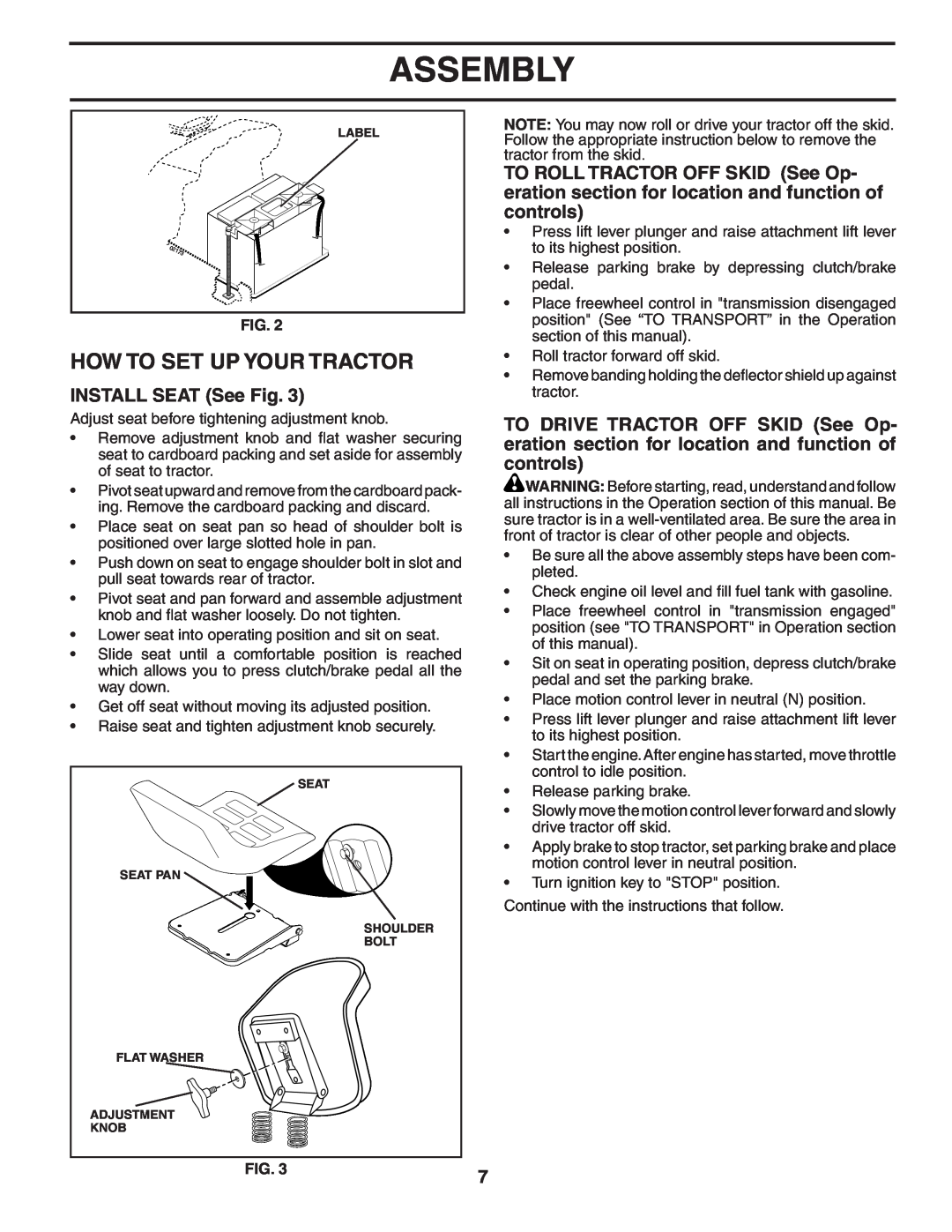 Poulan PD22H42STA owner manual INSTALL SEAT See Fig, Assembly, How To Set Up Your Tractor 