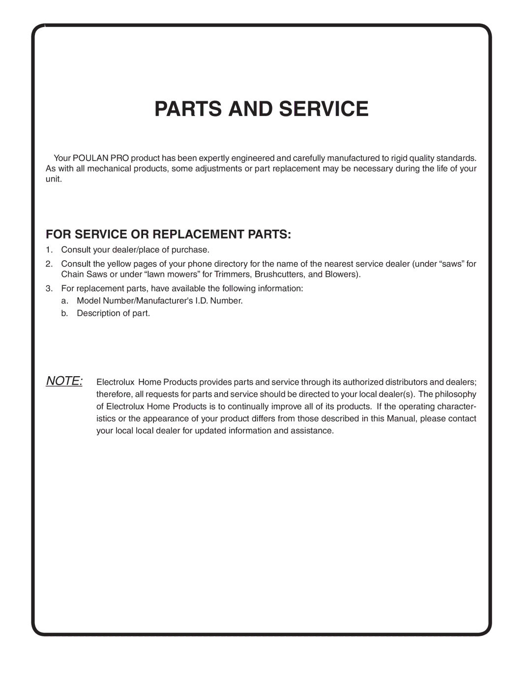 Poulan PD22H42STB owner manual Parts and Service, For Service or Replacement Parts 