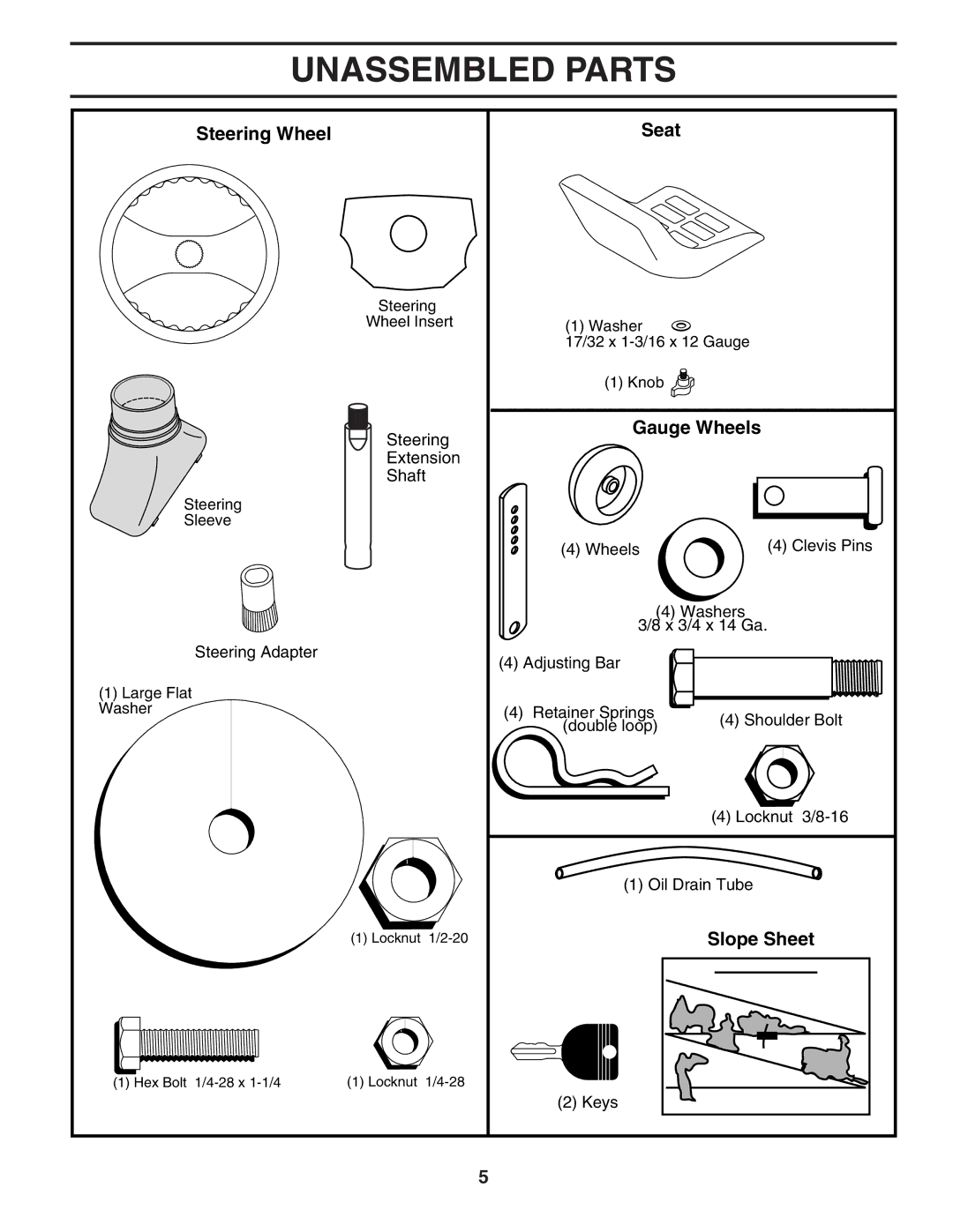 Poulan PD22H42STB owner manual Unassembled Parts, Steering Wheel Seat, Gauge Wheels 