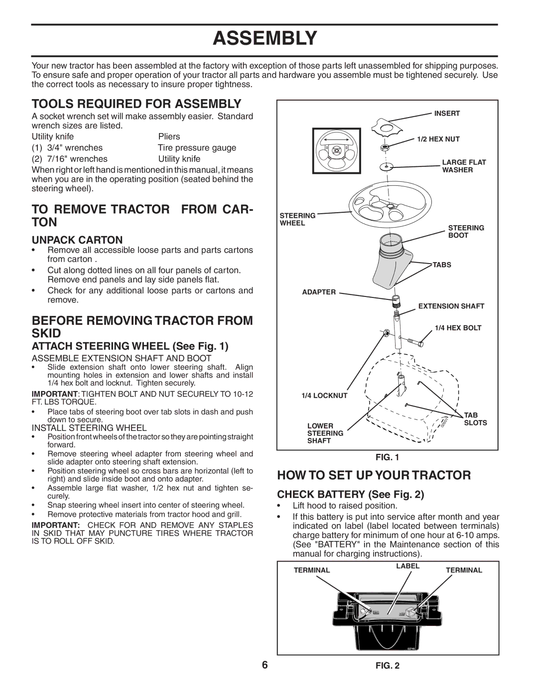 Poulan PD22H42STB Tools Required for Assembly, To Remove Tractor from CAR- TON, Before Removing Tractor from Skid 