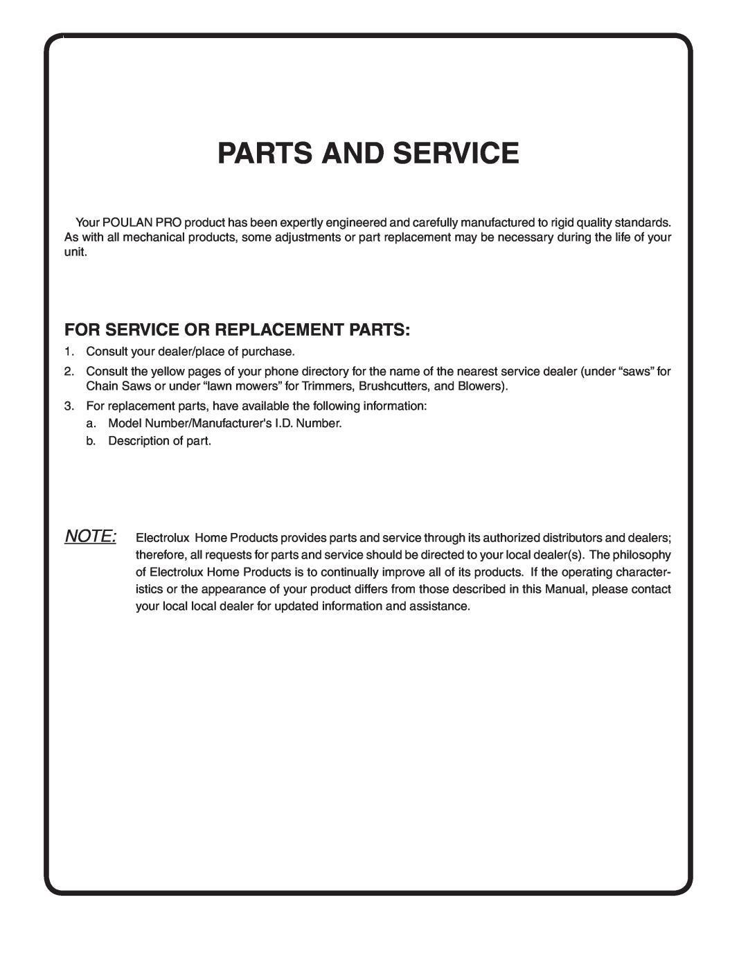 Poulan PD22H42STC owner manual Parts And Service, For Service Or Replacement Parts 