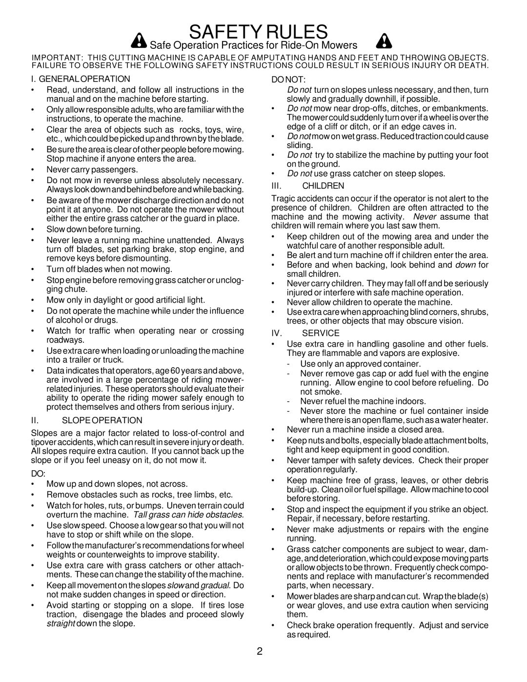 Poulan PD22PH48STA owner manual Safety Rules, Safe Operation Practices for Ride-On Mowers 