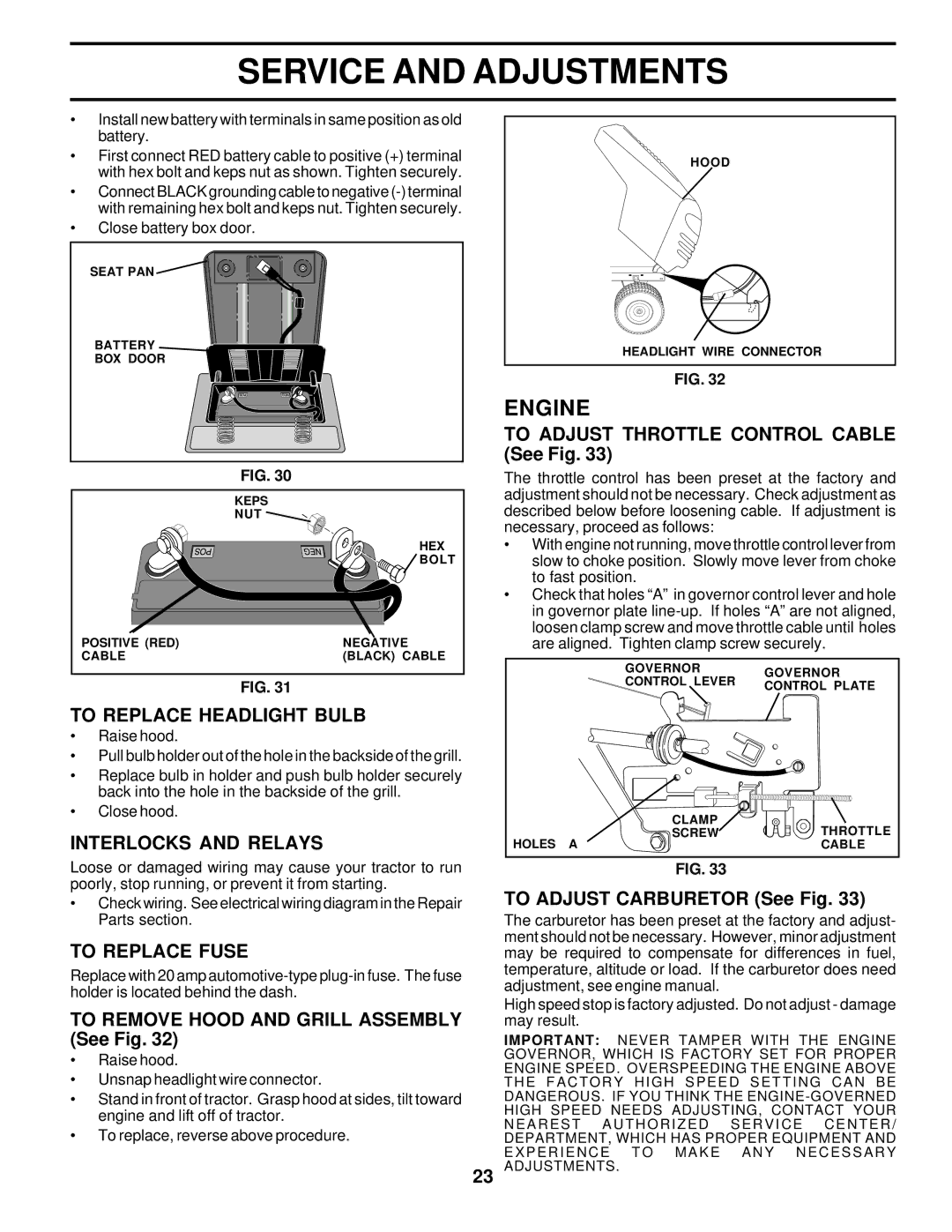 Poulan PD22PH48STA owner manual To Replace Headlight Bulb, Interlocks and Relays, To Replace Fuse 