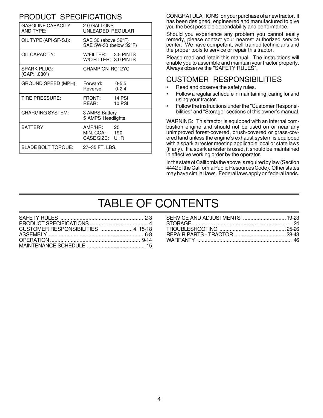 Poulan PD22PH48STA owner manual Table of Contents 