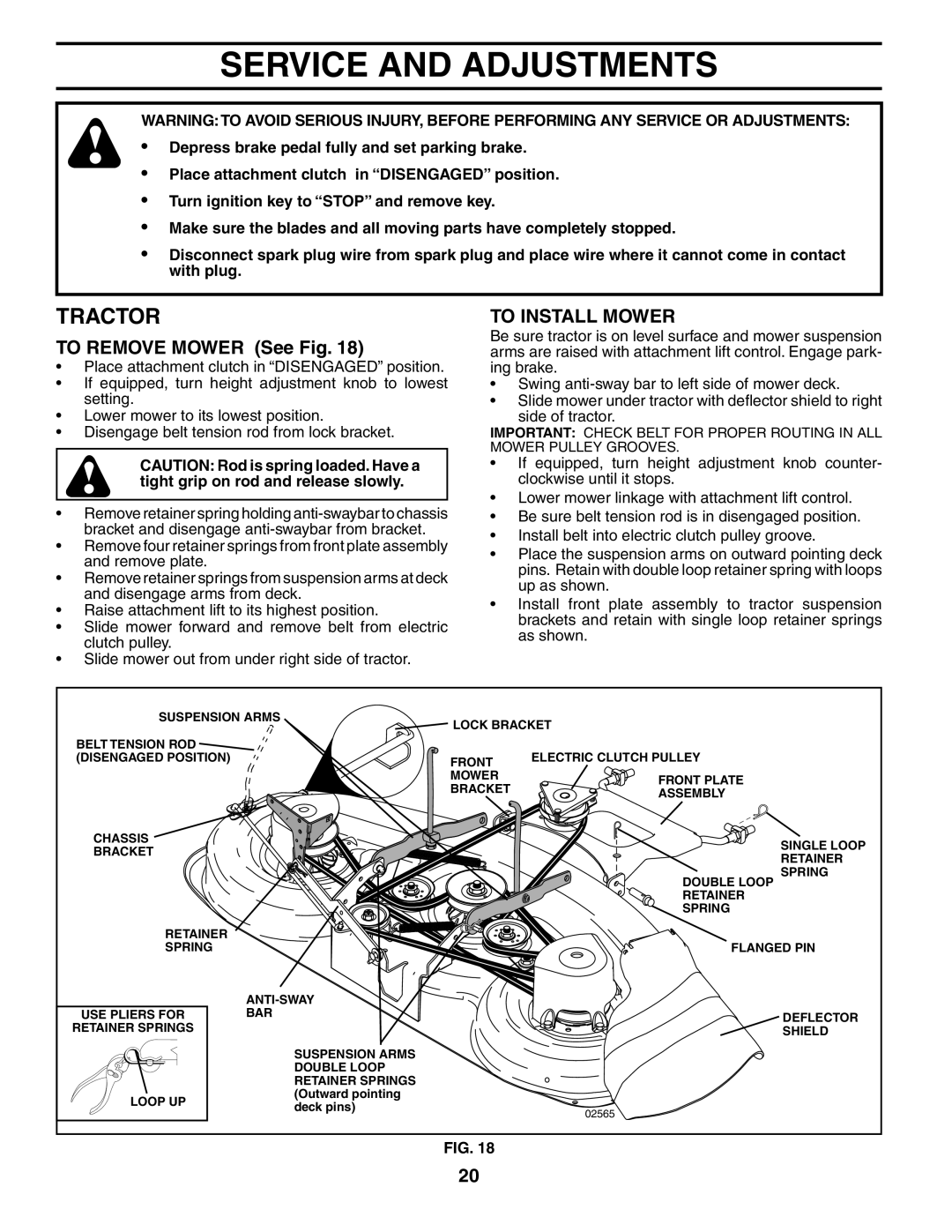 Poulan PD22PH48STB owner manual Service and Adjustments, To Remove Mower See Fig, To Install Mower 