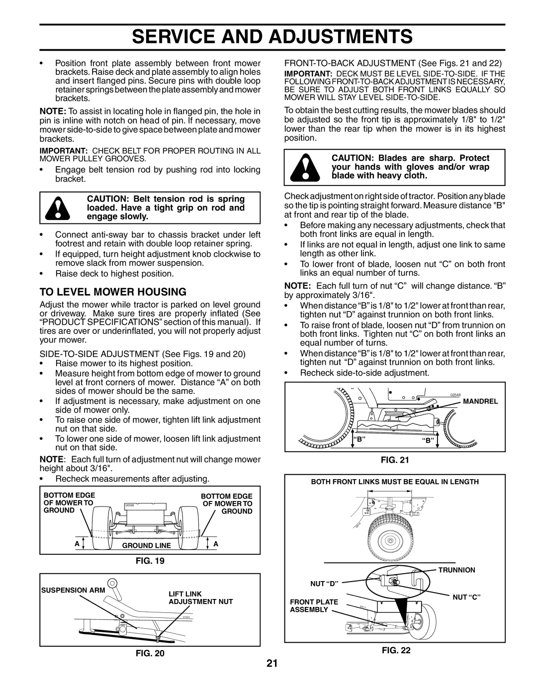 Poulan PD22PH48STB owner manual To Level Mower Housing, FRONT-TO-BACK Adjustment See Figs 