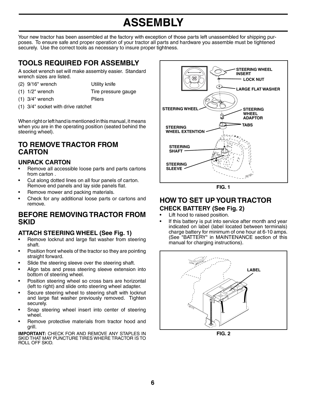 Poulan PD22PH48STB Tools Required for Assembly, To Remove Tractor from Carton, Before Removing Tractor from Skid 