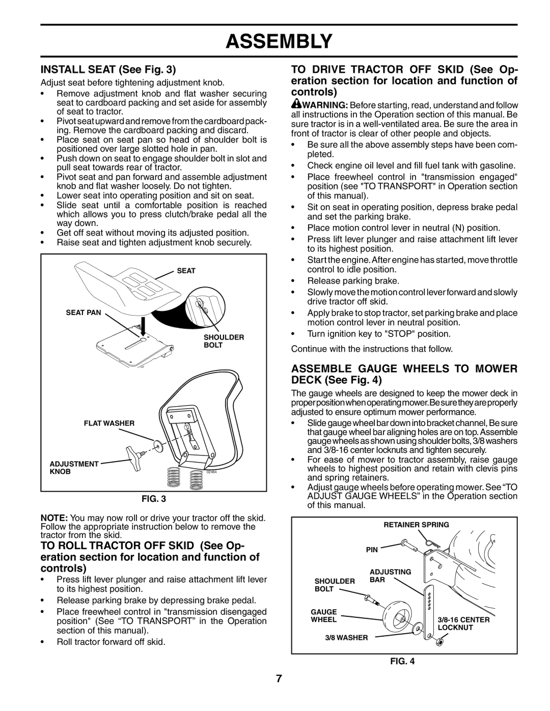 Poulan PD22PH48STB owner manual Install Seat See Fig, Assemble Gauge Wheels to Mower Deck See Fig 