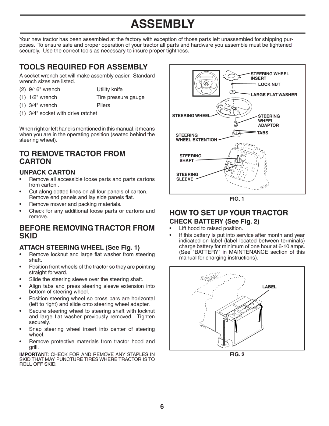 Poulan PD22PH48STD Tools Required for Assembly, To Remove Tractor from Carton, Before Removing Tractor from Skid 