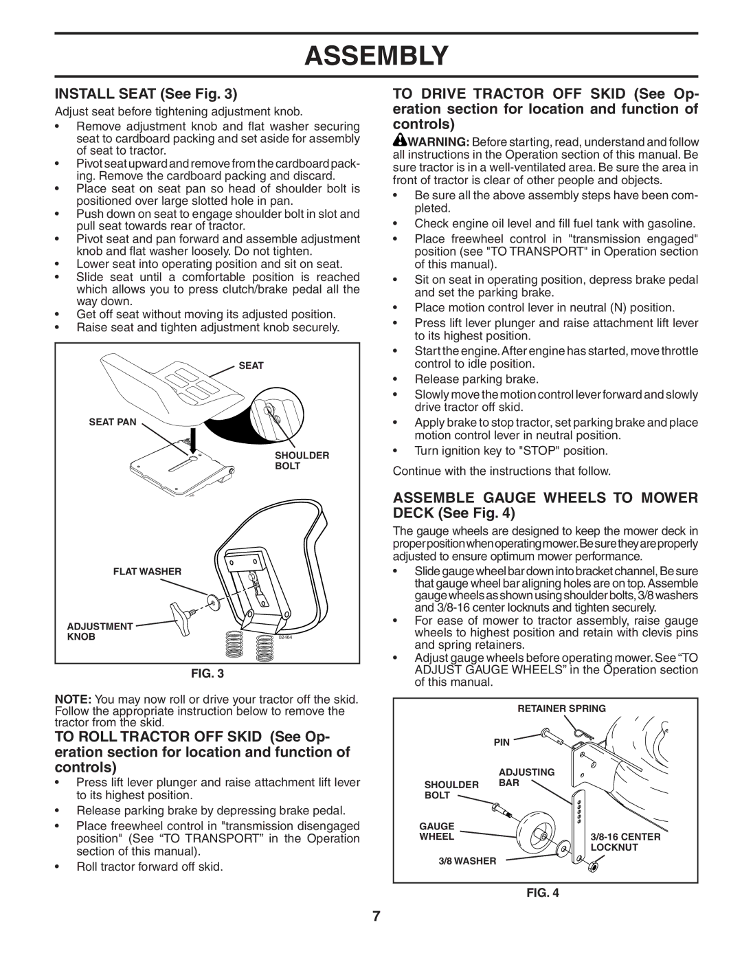 Poulan PD22PH48STD owner manual Install Seat See Fig, Assemble Gauge Wheels to Mower Deck See Fig 