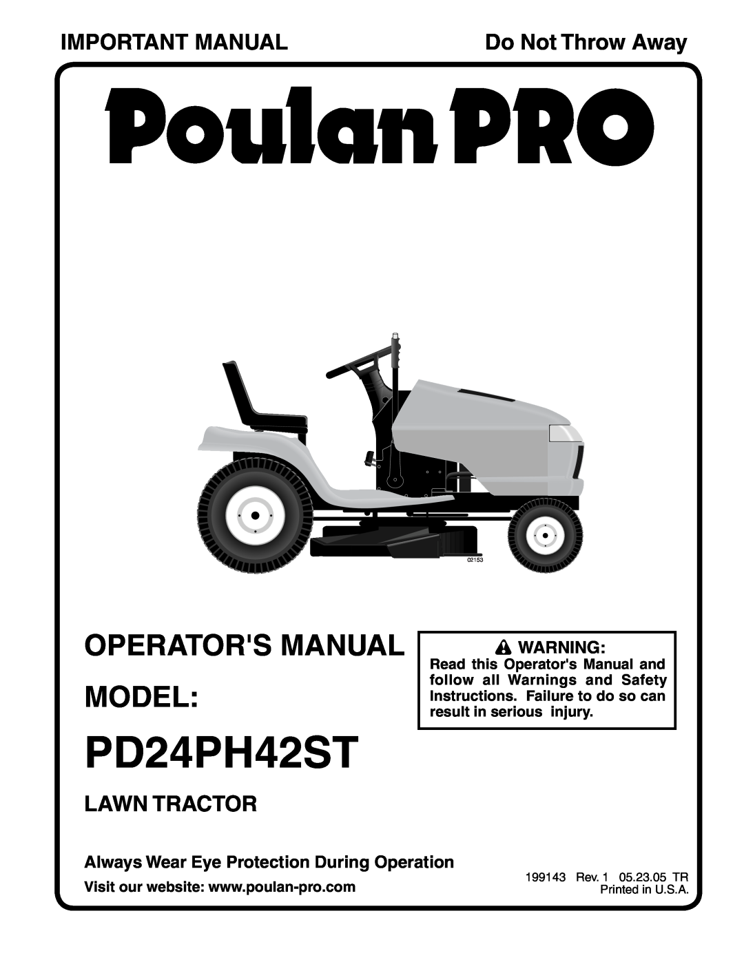 Poulan PD24PH42ST manual Operators Manual Model, Important Manual, Lawn Tractor, Do Not Throw Away, 02153 