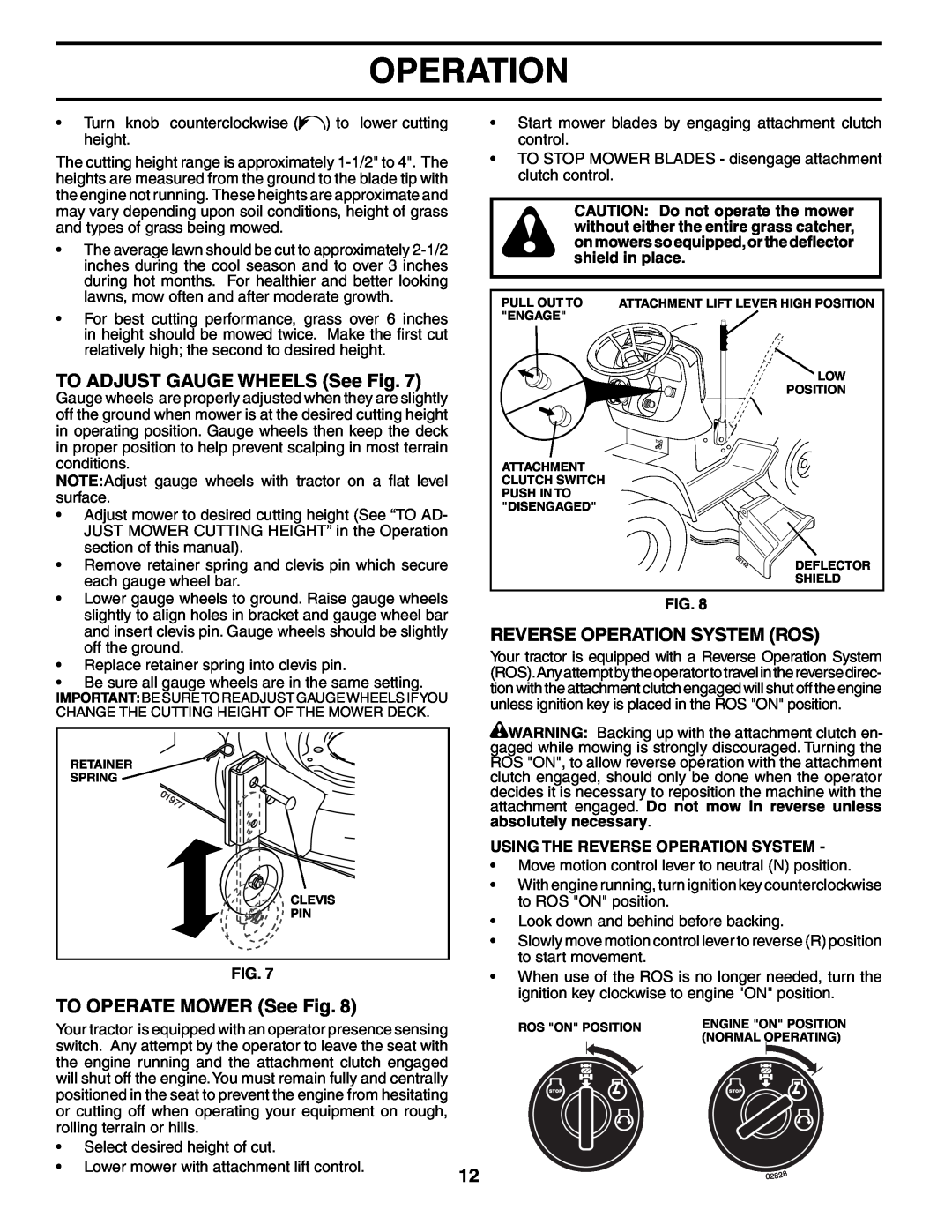 Poulan PD24PH42ST manual TO ADJUST GAUGE WHEELS See Fig, TO OPERATE MOWER See Fig, Reverse Operation System Ros 