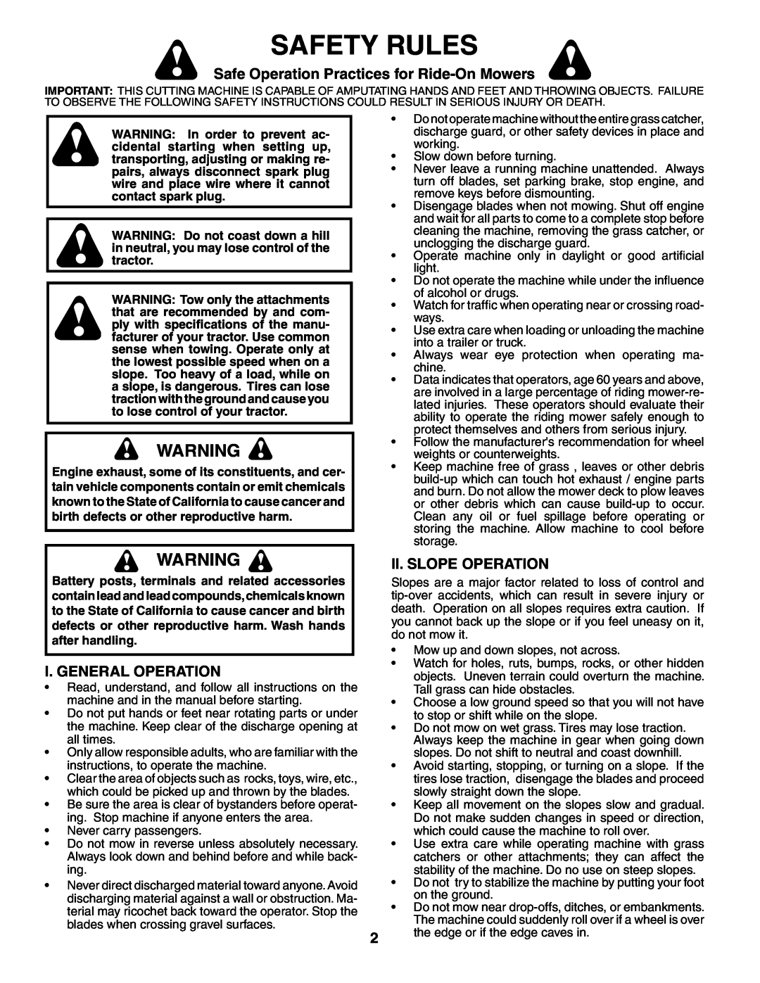 Poulan PD24PH42ST Safety Rules, Safe Operation Practices for Ride-OnMowers, I. General Operation, Ii. Slope Operation 