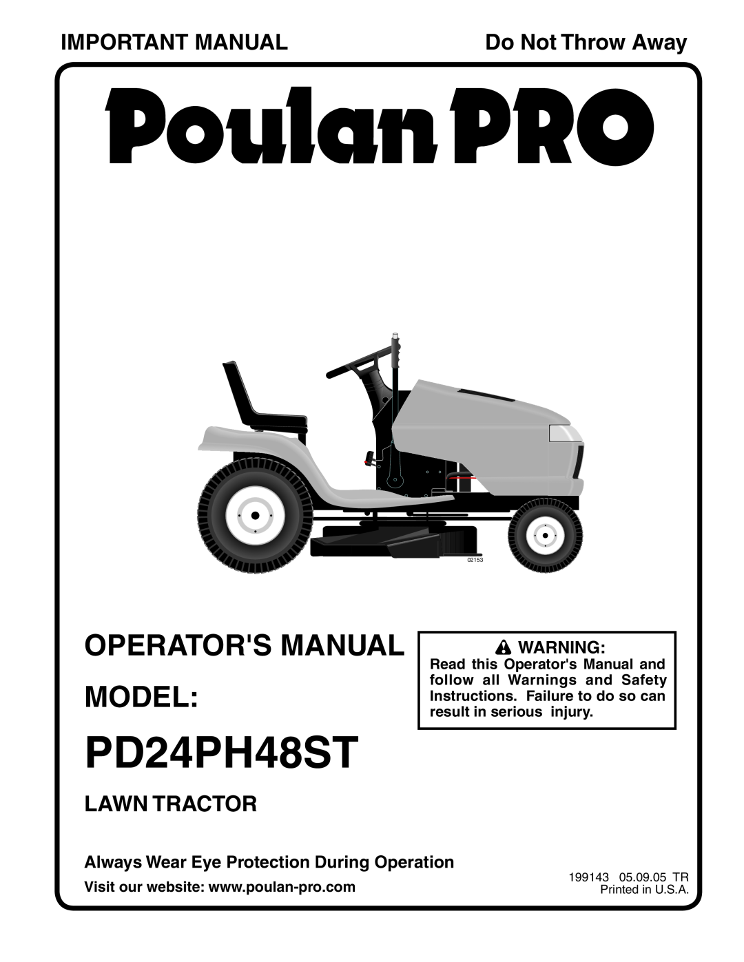 Poulan PD24PH48ST manual Operators Manual Model, Important Manual, Lawn Tractor, Do Not Throw Away, 02153 