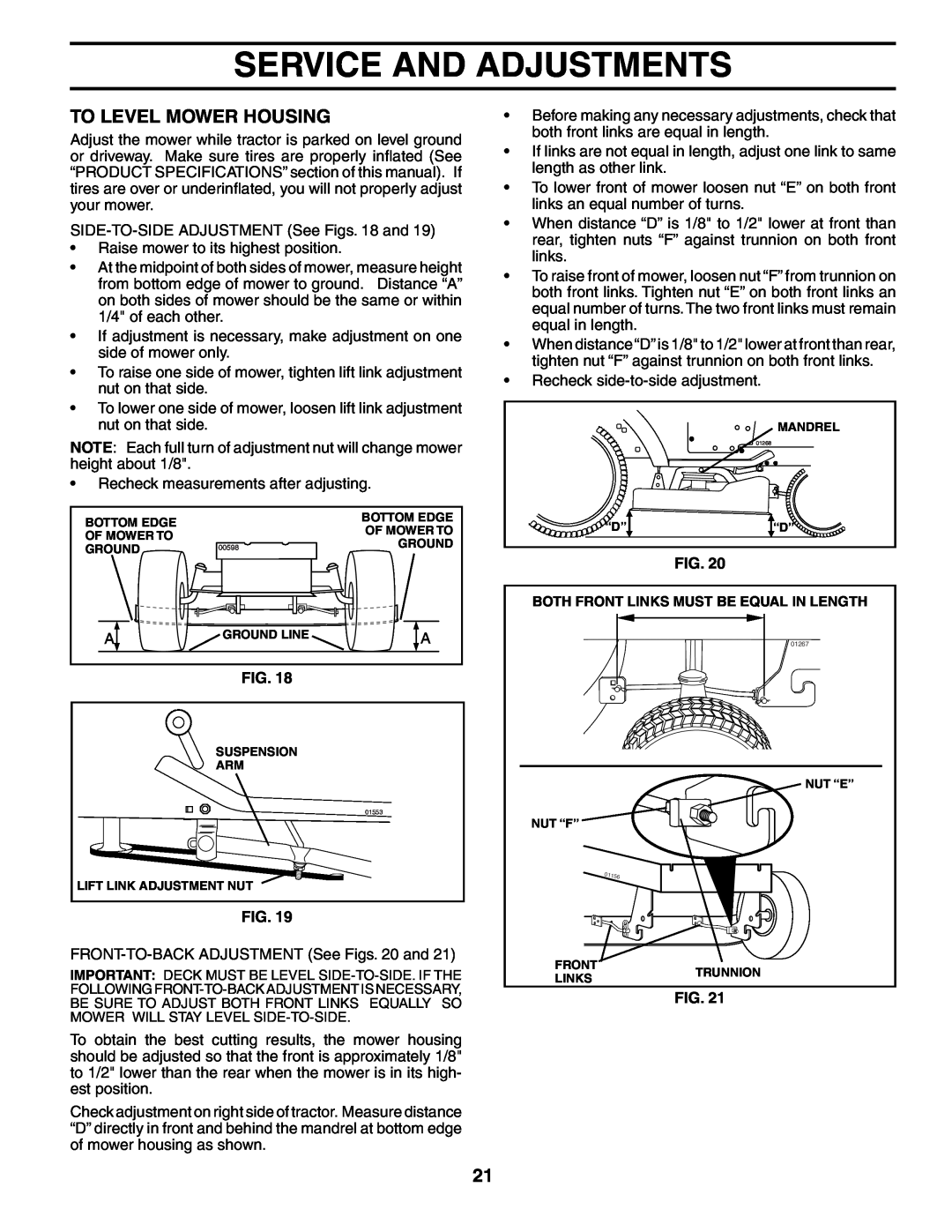 Poulan PD24PH48ST manual To Level Mower Housing, Service And Adjustments, Both Front Links Must Be Equal In Length 