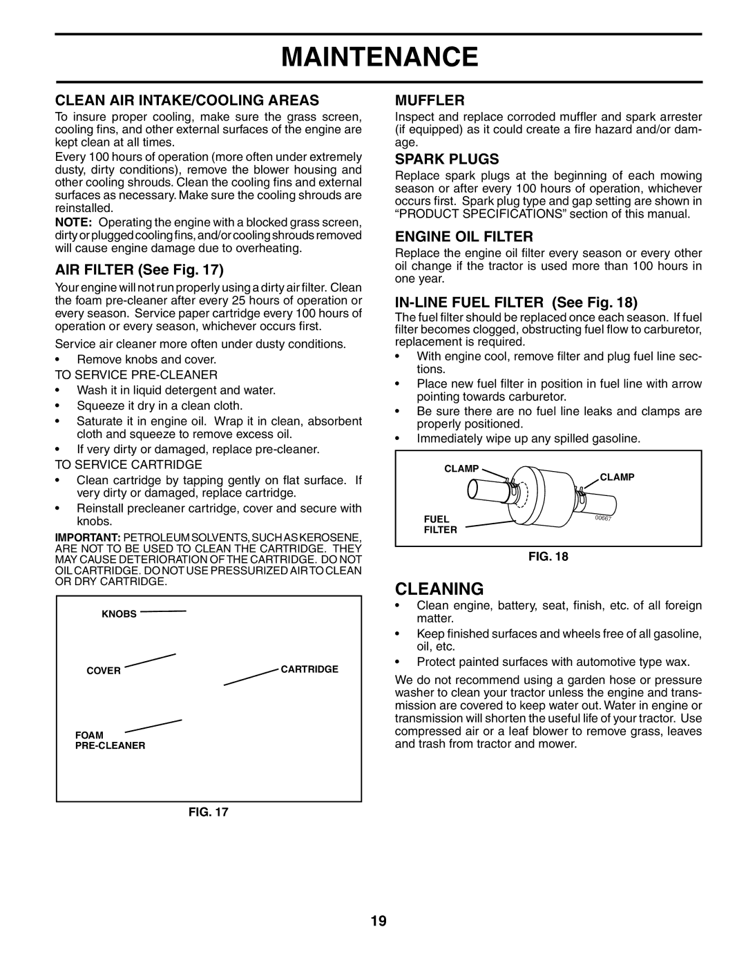 Poulan PD25PH48STA owner manual Cleaning, Clean AIR INTAKE/COOLING Areas, Muffler, Spark Plugs, Engine OIL Filter 