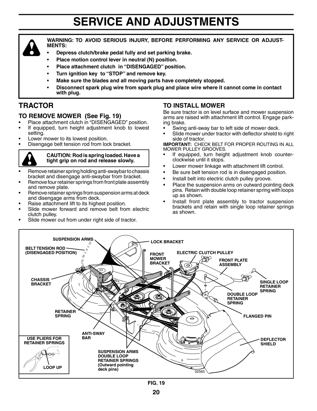 Poulan PD25PH48STA owner manual Service and Adjustments, To Remove Mower See Fig, To Install Mower 