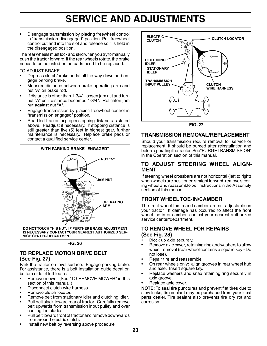 Poulan PD25PH48STA To Replace Motion Drive Belt See Fig, Transmission REMOVAL/REPLACEMENT, Front Wheel TOE-IN/CAMBER 