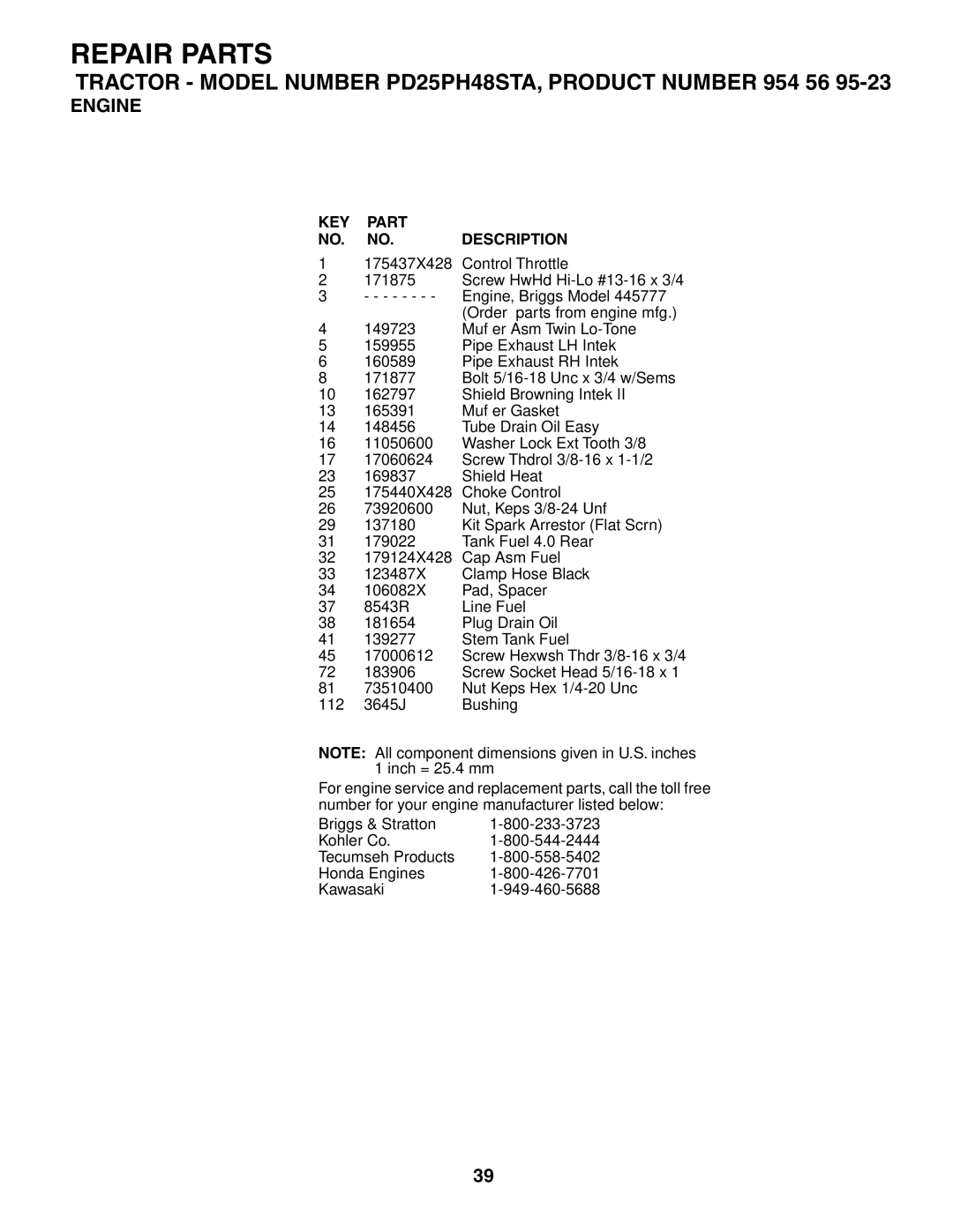 Poulan PD25PH48STA owner manual KEY Part NO. NO. Description 