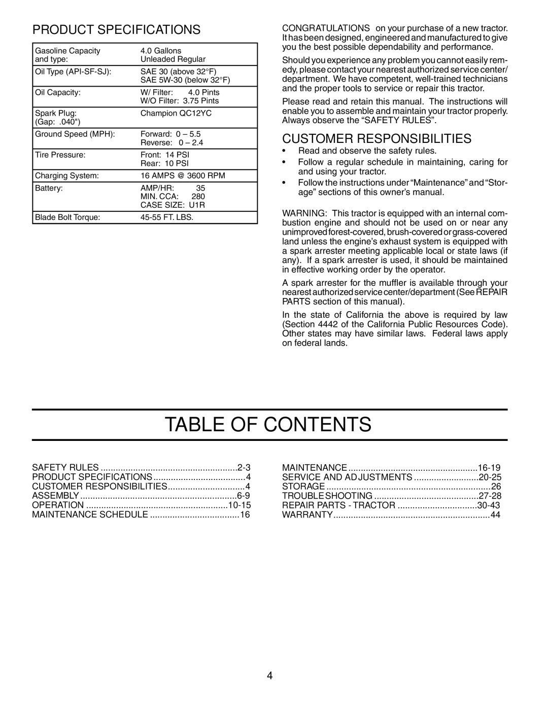 Poulan PD25PH48STA owner manual Table of Contents 