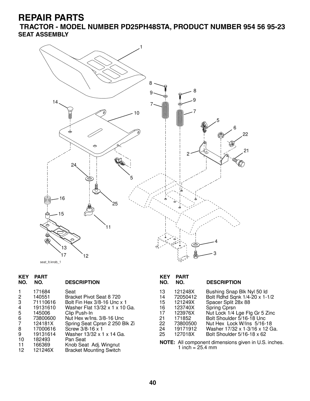 Poulan PD25PH48STA owner manual Seat Assembly 