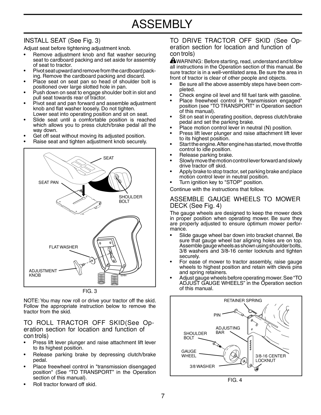 Poulan PD25PH48STA owner manual Install Seat See Fig, Assemble Gauge Wheels to Mower Deck See Fig 