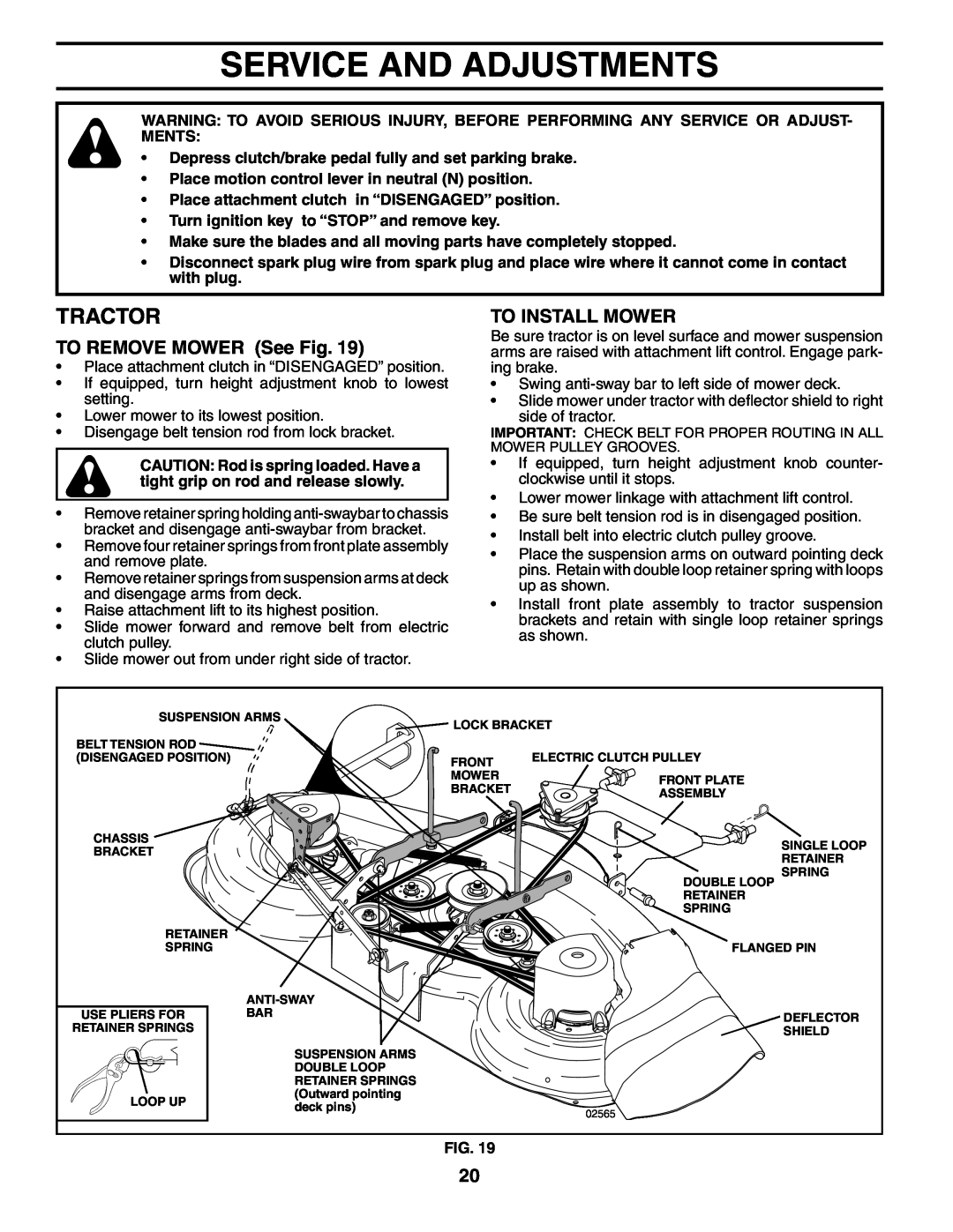 Poulan PD25PH48STA owner manual Service And Adjustments, TO REMOVE MOWER See Fig, To Install Mower, Tractor 
