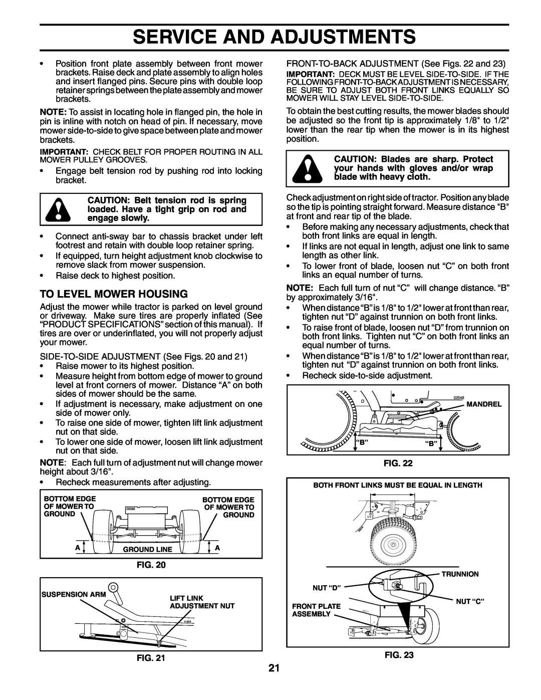 Poulan PD25PH48STA owner manual To Level Mower Housing, Service And Adjustments 