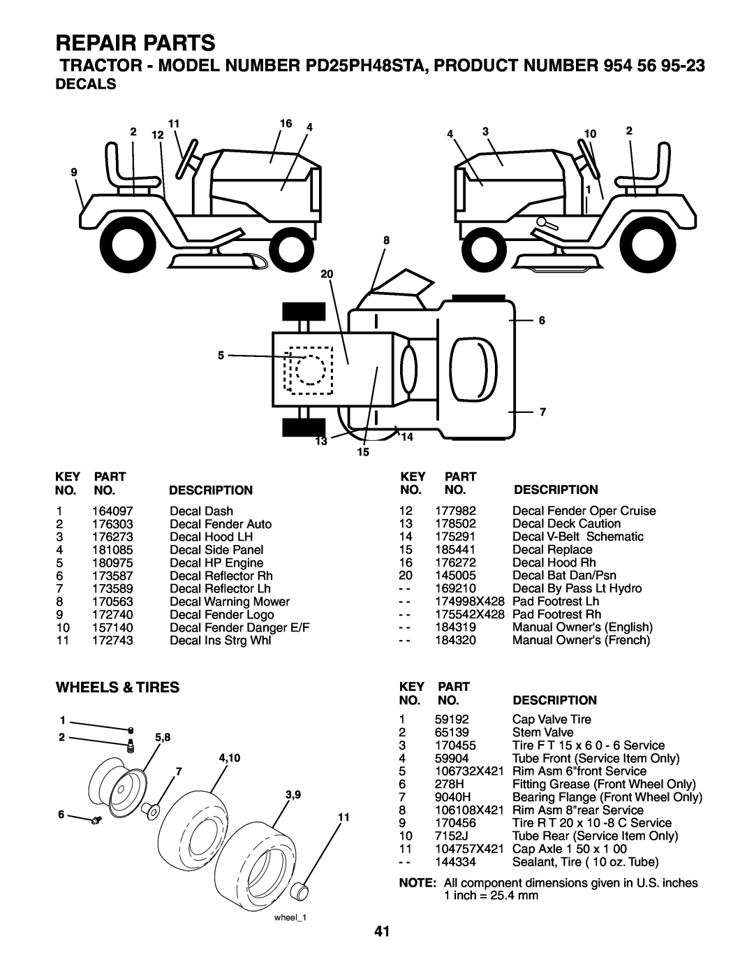 Poulan owner manual Decals, Wheels & Tires, Repair Parts, TRACTOR - MODEL NUMBER PD25PH48STA, PRODUCT NUMBER, 4,10 