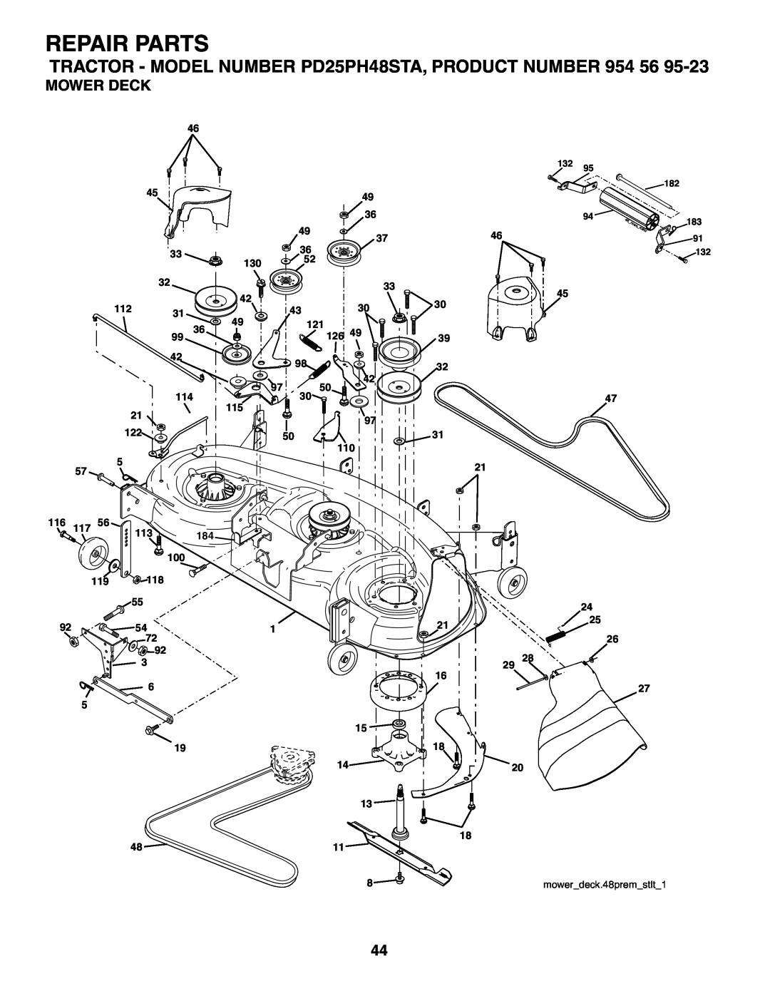Poulan owner manual Mower Deck, Repair Parts, TRACTOR - MODEL NUMBER PD25PH48STA, PRODUCT NUMBER, mowerdeck.48premstlt1 