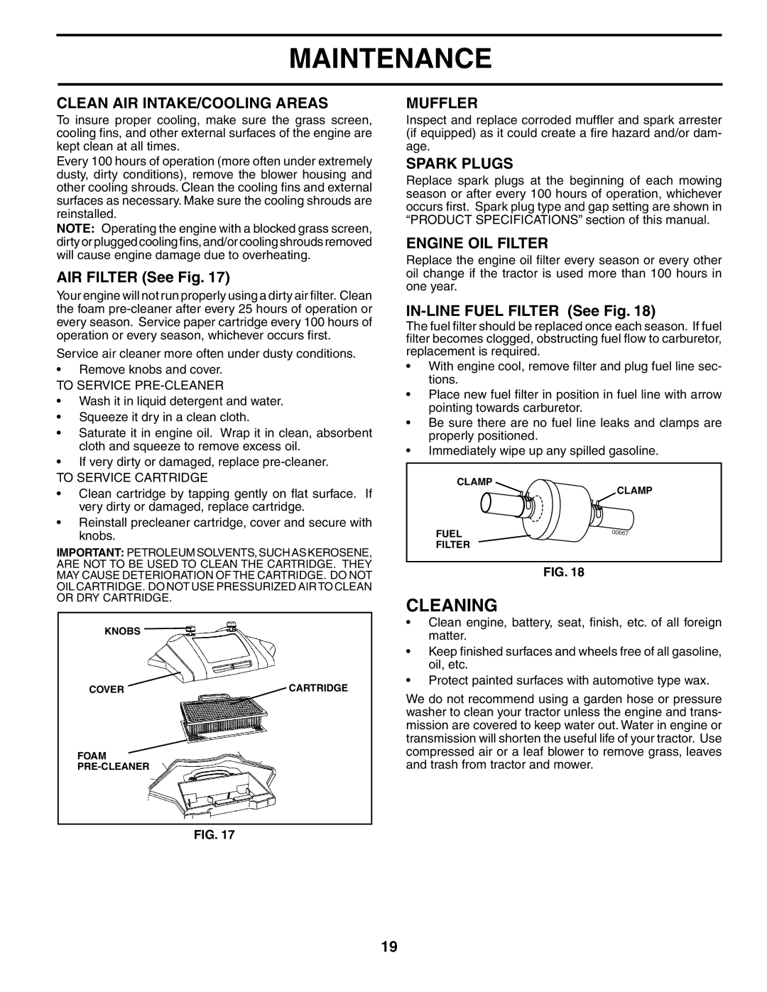 Poulan PD25PH48STB owner manual Cleaning, Clean AIR INTAKE/COOLING Areas, Muffler, Spark Plugs, Engine OIL Filter 