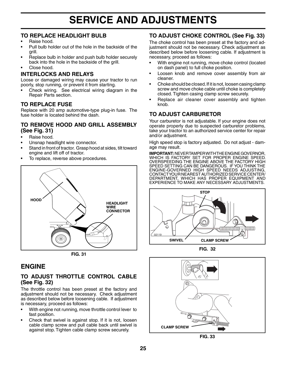 Poulan PD25PH48STB owner manual To Replace Headlight Bulb, Interlocks and Relays, To Replace Fuse, To Adjust Carburetor 