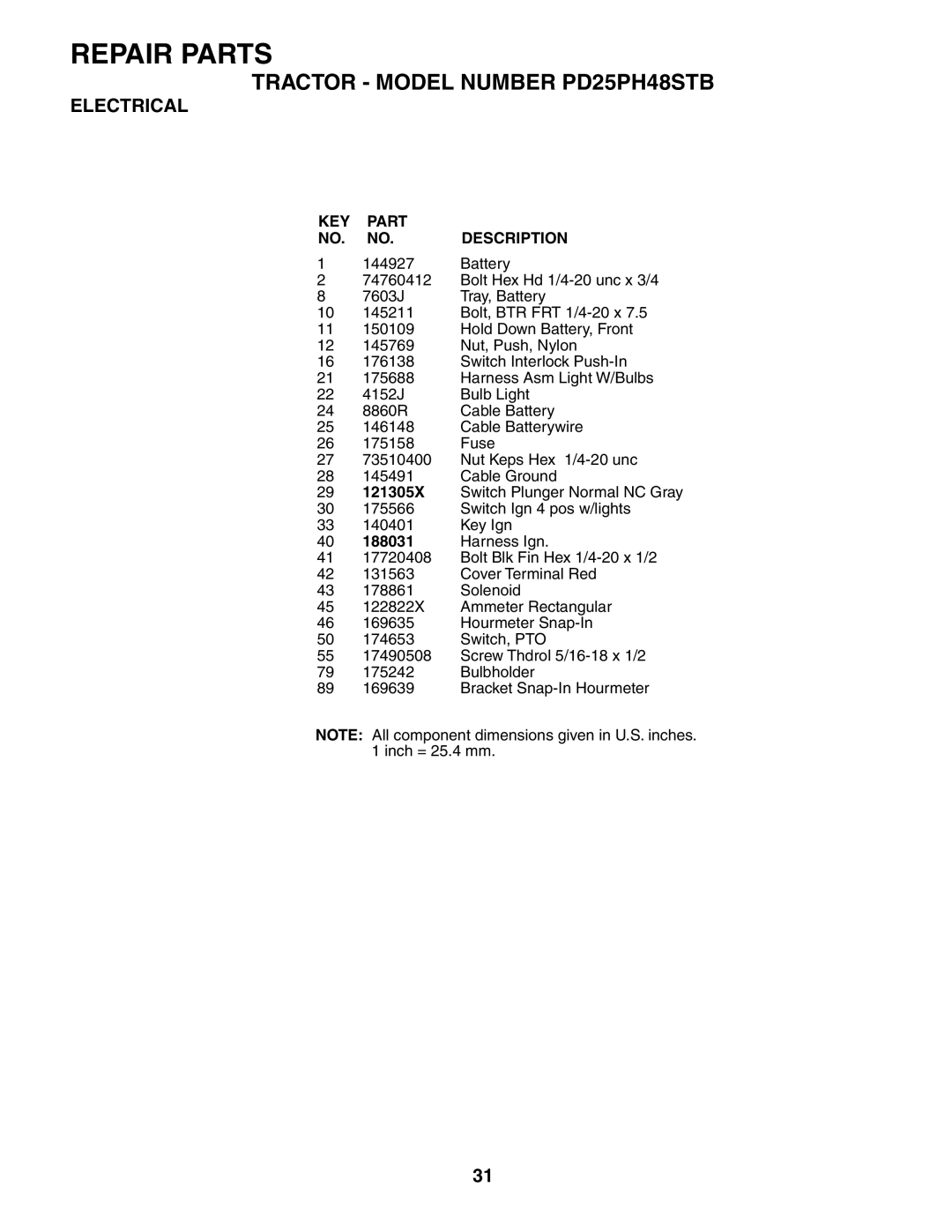 Poulan PD25PH48STB owner manual KEY Part Description, 188031 