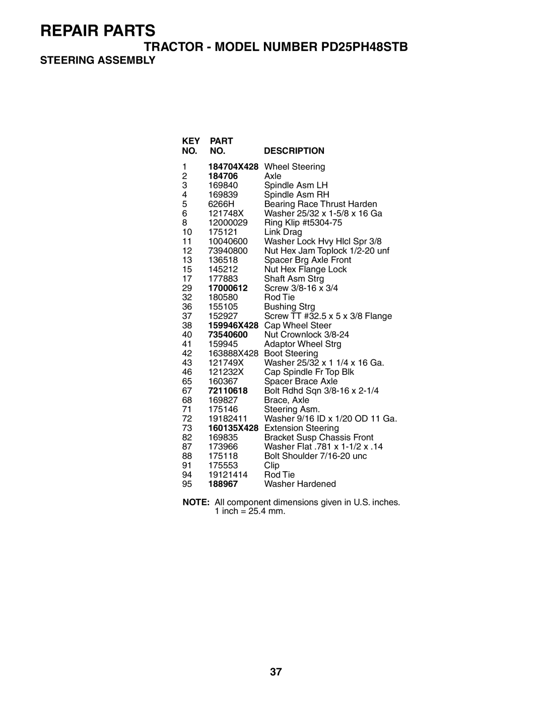 Poulan PD25PH48STB owner manual 184704X428 Wheel Steering 184706 Axle, 72110618, 188967 