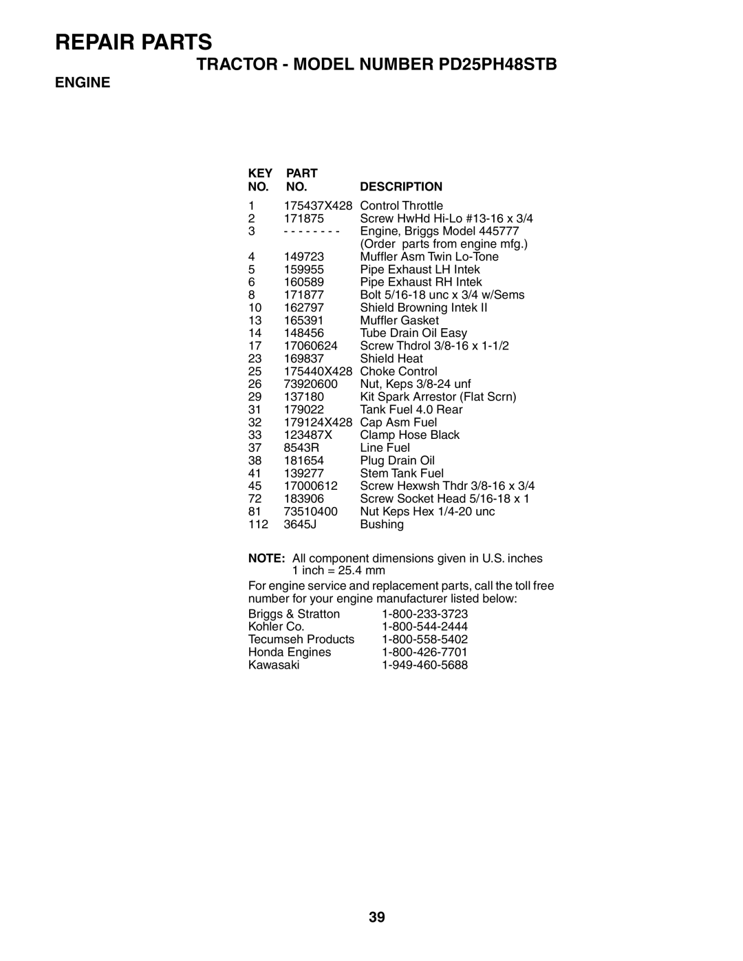 Poulan PD25PH48STB owner manual KEY Part NO. NO. Description 