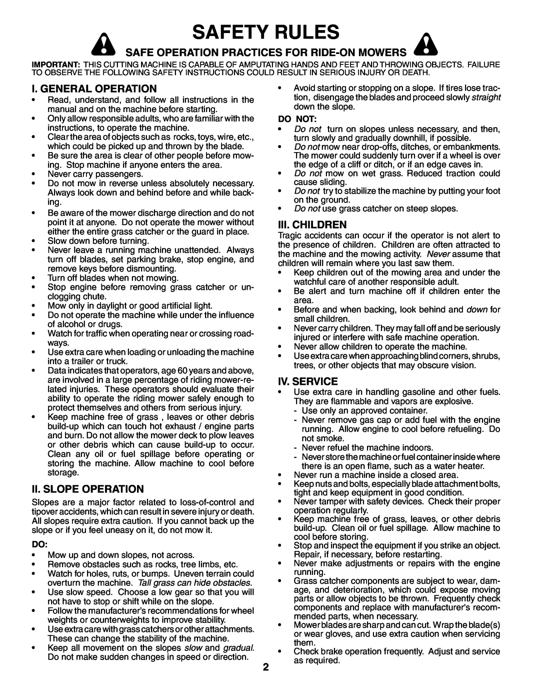 Poulan PD25PH48STB Safety Rules, Safe Operation Practices For Ride-On Mowers, I. General Operation, Ii. Slope Operation 