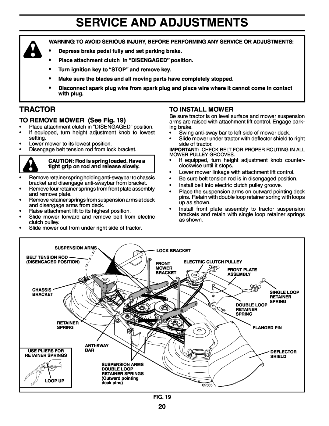 Poulan PD25PH48STB owner manual Service And Adjustments, TO REMOVE MOWER See Fig, To Install Mower, Tractor 