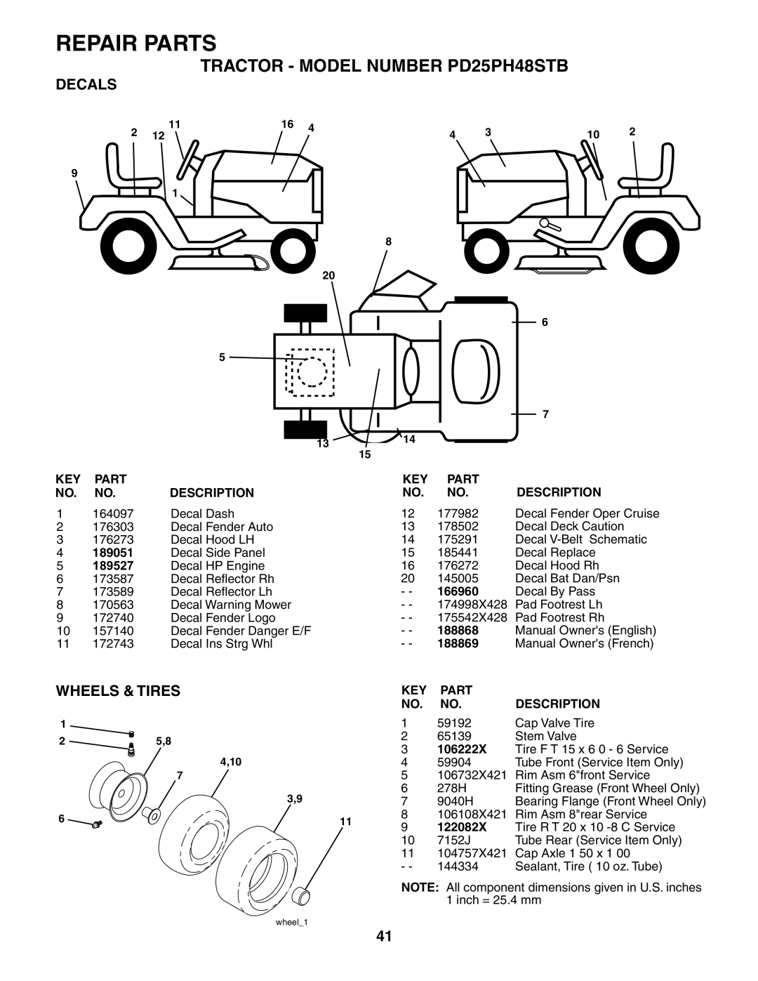 Poulan owner manual Decals, Wheels & Tires, Repair Parts, TRACTOR - MODEL NUMBER PD25PH48STB, 189527 