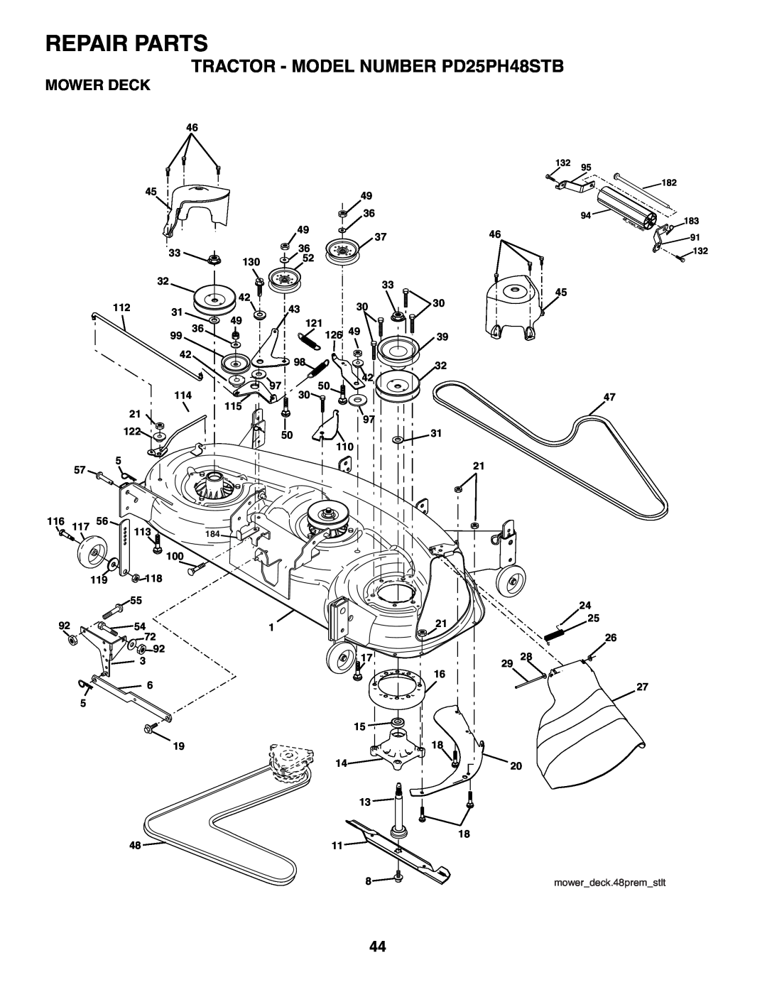 Poulan owner manual Mower Deck, Repair Parts, TRACTOR - MODEL NUMBER PD25PH48STB, mowerdeck.48premstlt 