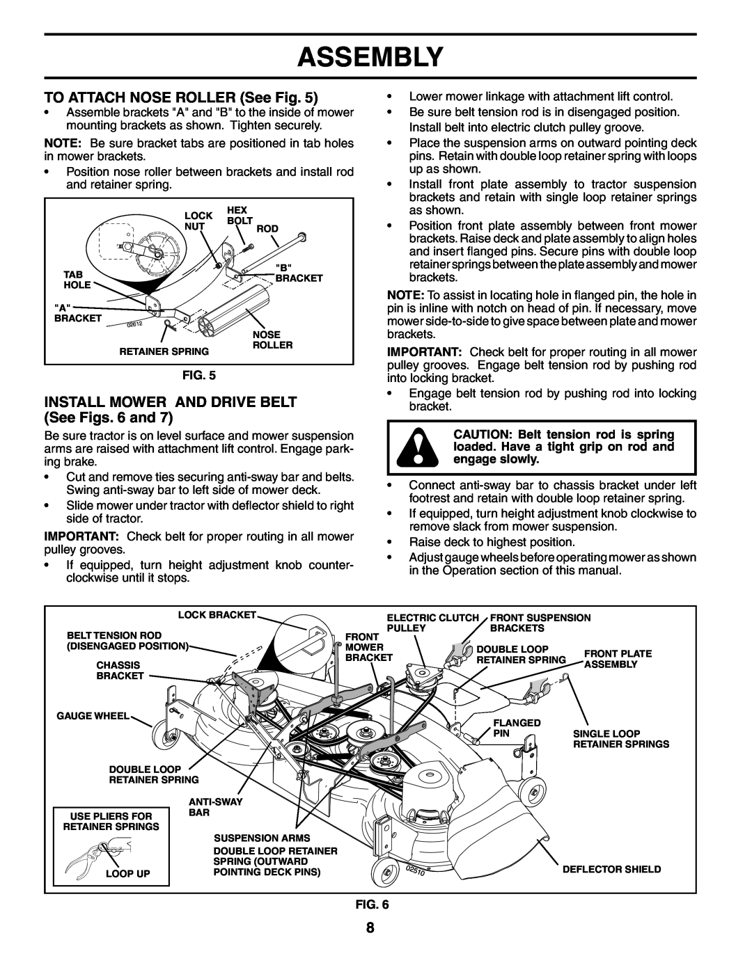 Poulan PD25PH48STB owner manual TO ATTACH NOSE ROLLER See Fig, INSTALL MOWER AND DRIVE BELT See Figs. 6 and, Assembly 