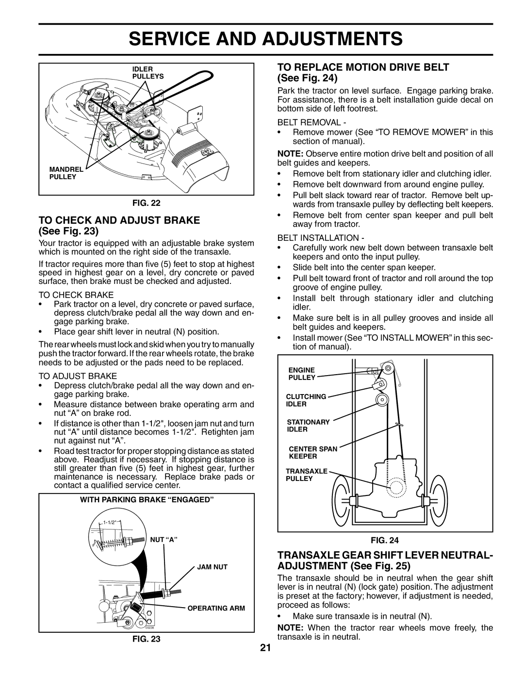 Poulan PDB1842STA To Check and Adjust Brake See Fig, To Replace Motion Drive Belt See Fig, To Check Brake, To Adjust Brake 