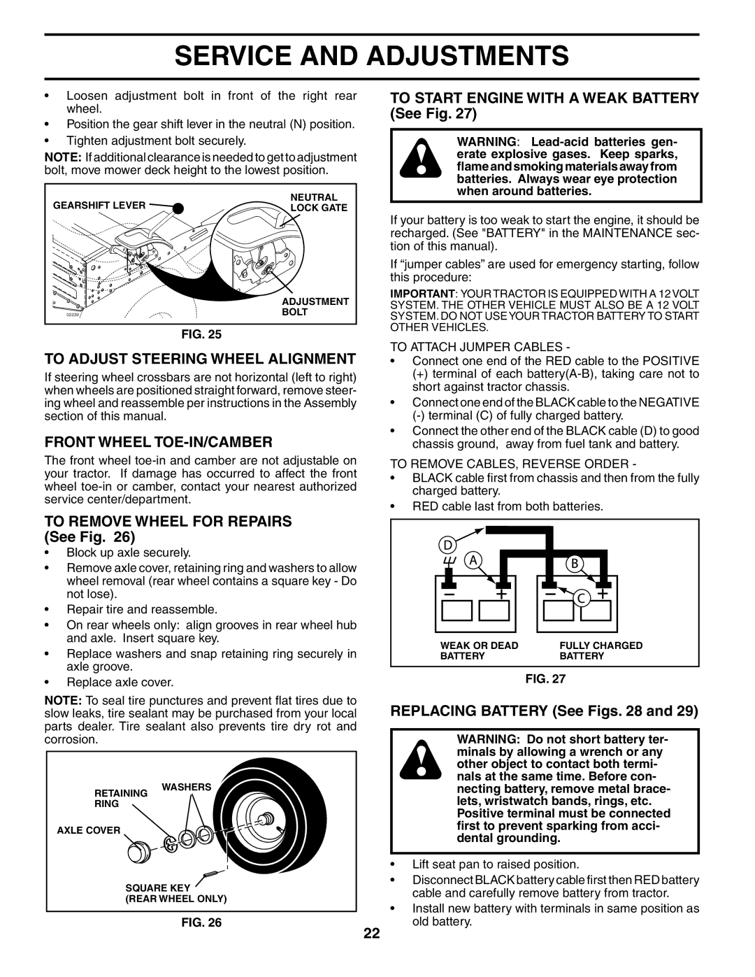 Poulan PDB1842STA To Adjust Steering Wheel Alignment, Front Wheel TOE-IN/CAMBER, To Remove Wheel for Repairs See Fig 