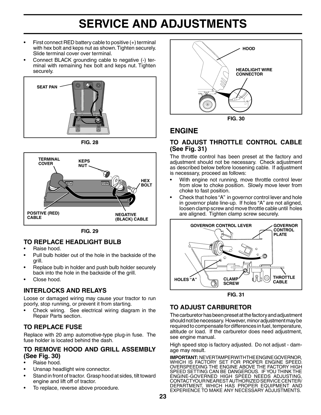 Poulan PDB1842STA owner manual To Replace Headlight Bulb, Interlocks and Relays, To Replace Fuse, To Adjust Carburetor 