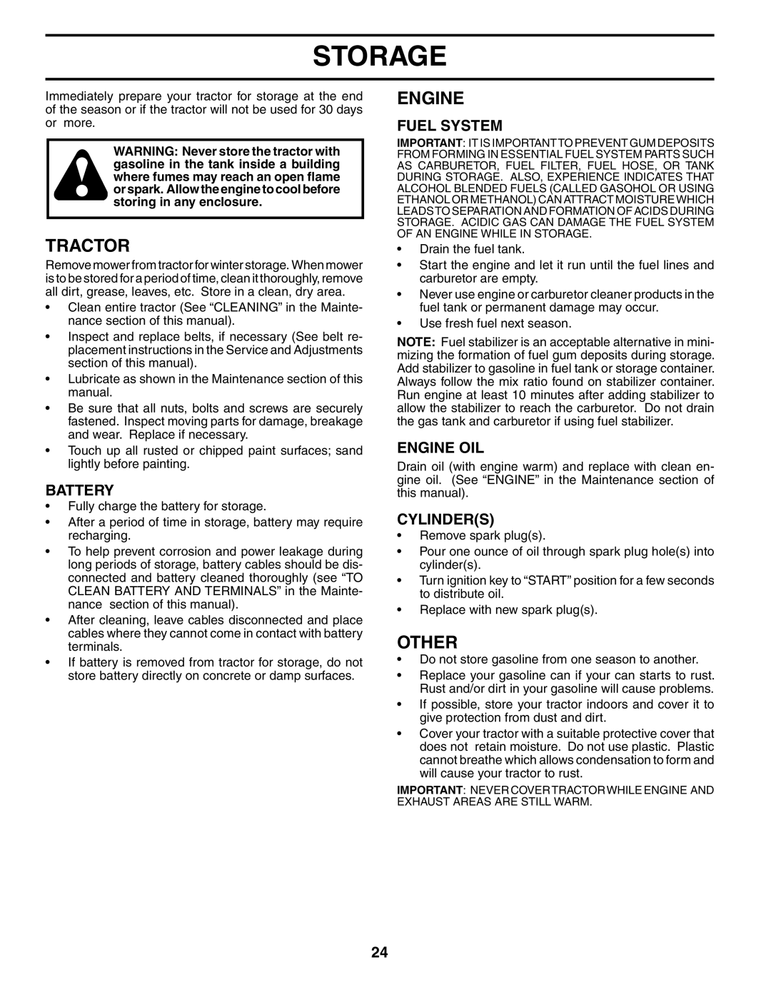 Poulan PDB1842STA owner manual Storage, Other, Fuel System, Engine OIL, Cylinders 