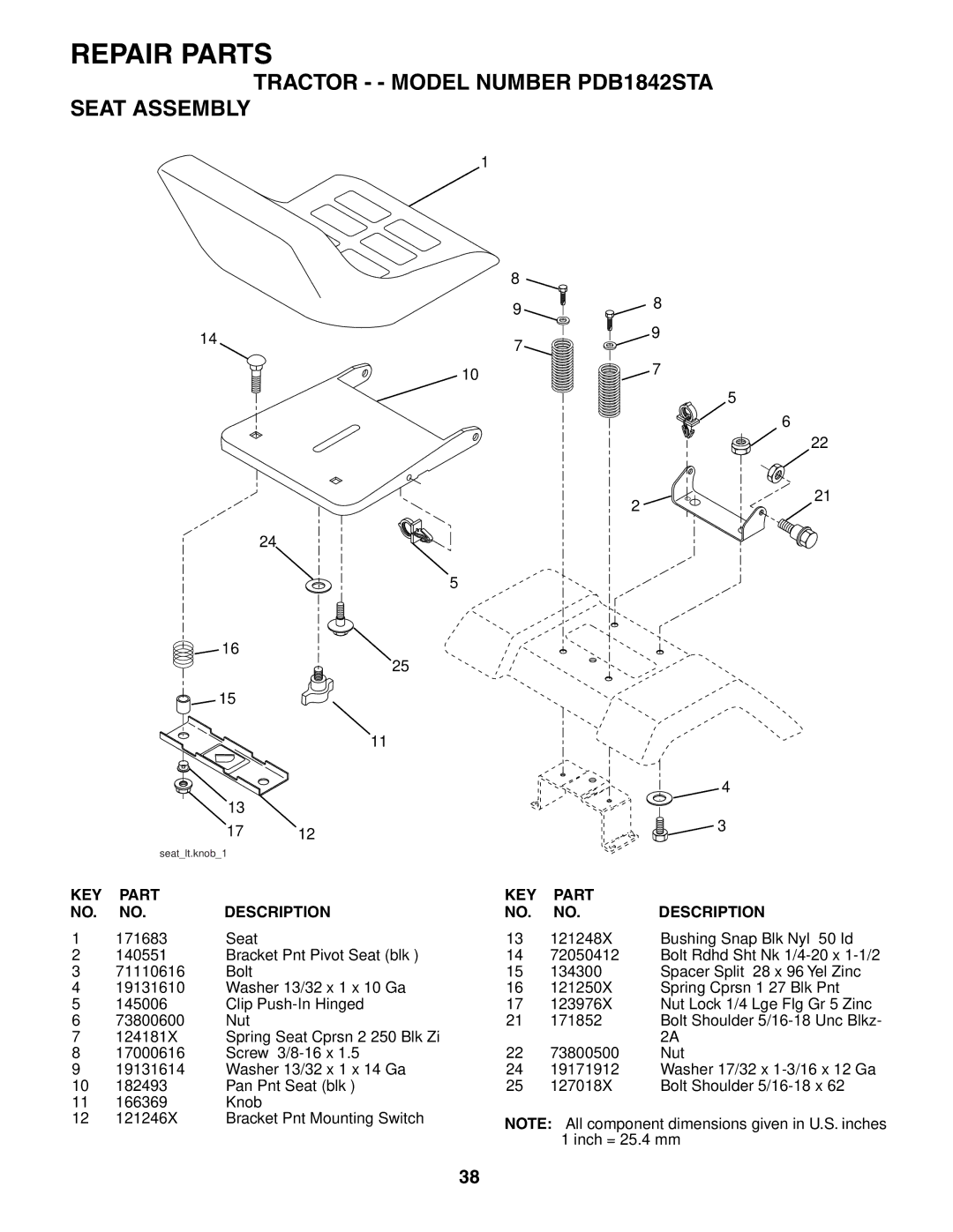 Poulan owner manual Tractor - Model Number PDB1842STA Seat Assembly 