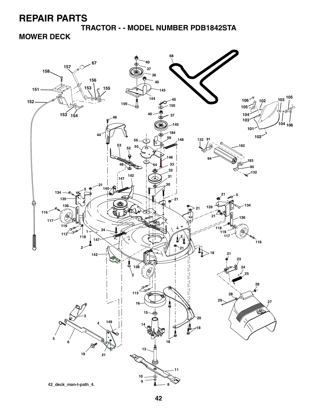 Poulan owner manual Tractor - Model Number PDB1842STA Mower Deck, 153 154 