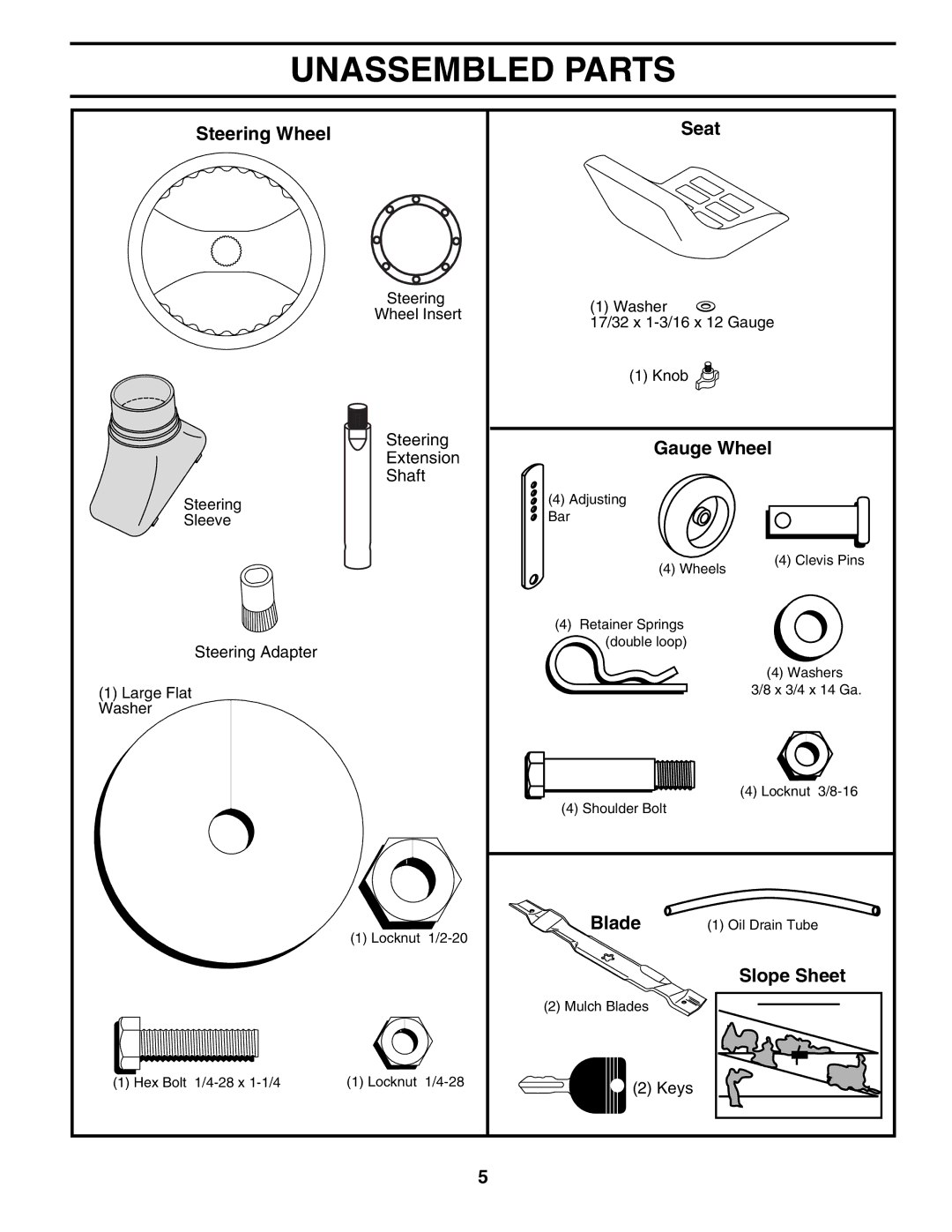 Poulan PDB1842STA owner manual Unassembled Parts, Steering Wheel Seat, Gauge Wheel, Blade, Slope Sheet 