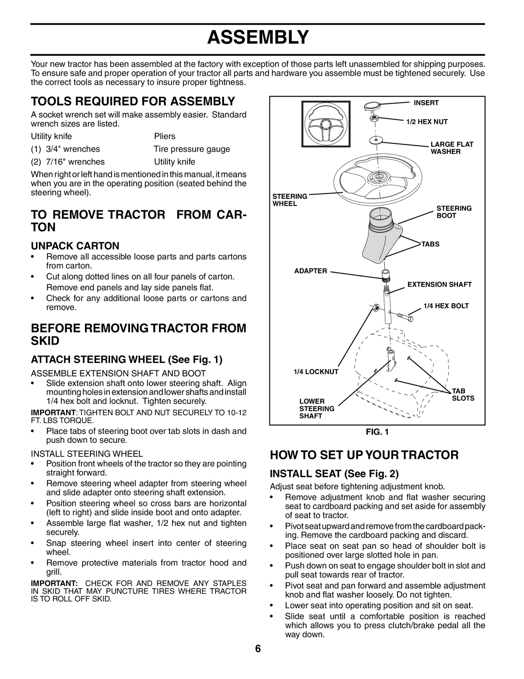 Poulan PDB1842STA Tools Required for Assembly, To Remove Tractor from CAR- TON, Before Removing Tractor from Skid 